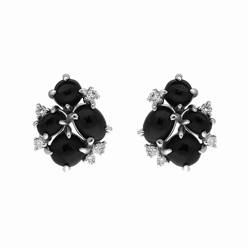 18ct White Gold Whitby Jet 0.13ct Diamond Four Stone Abstract Cluster Stud Earrings D
