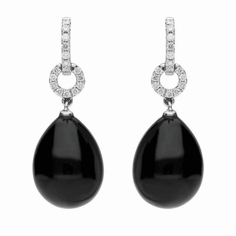 18ct White Gold Whitby Jet 0.22ct Diamond Round Drop Earrings