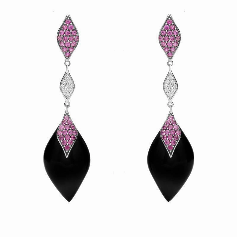 18ct White Gold Whitby Jet 1.20ct Pink Sapphire Diamond Earrings