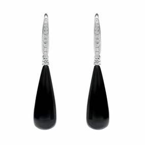 18ct White Gold Whitby Jet and Diamond Drop Earrings