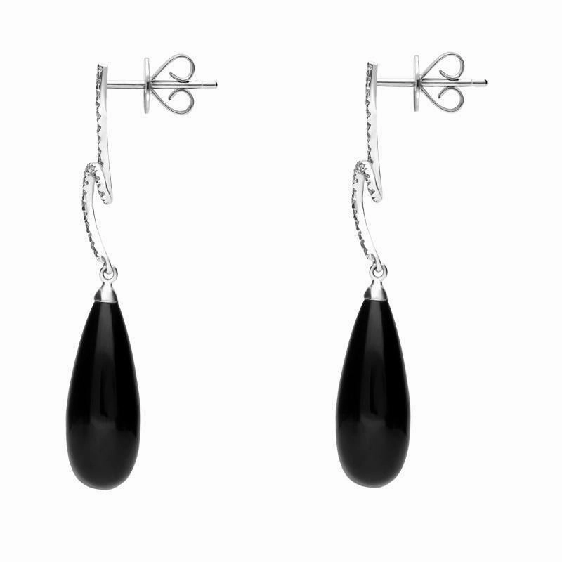18ct White Gold Whitby Jet and Diamond Swirl Top Drop Earrings