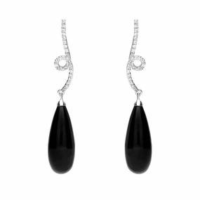 18ct White Gold Whitby Jet and Diamond Swirl Top Drop Earrings