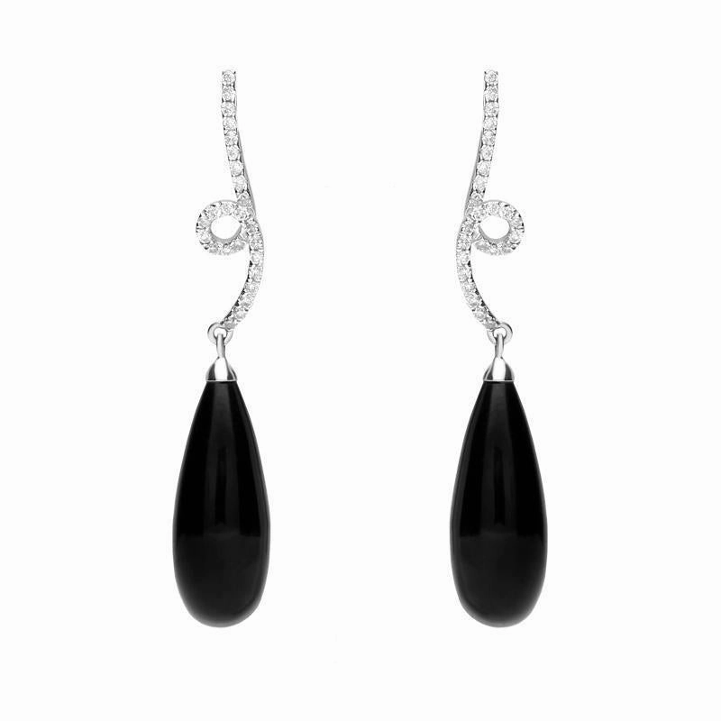18ct White Gold Whitby Jet and Diamond Swirl Top Drop Earrings