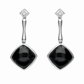 18ct White Gold Whitby Jet Diamond Faceted Cushion Earrings D