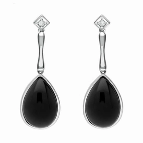 18ct White Gold Whitby Jet Diamond Long Pear Earrings D