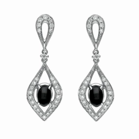 18ct White Gold Whitby Jet Diamond Open Curved Marquise Drop Earrings D