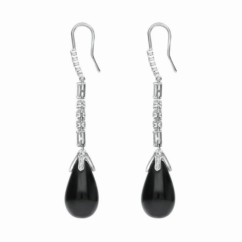 18ct White Gold Whitby Jet Diamond Pear Drop Earrings D