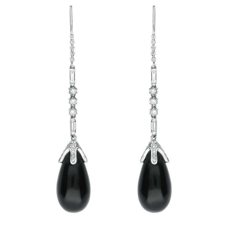 18ct White Gold Whitby Jet Diamond Pear Drop Earrings D