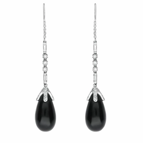18ct White Gold Whitby Jet Diamond Pear Drop Earrings D