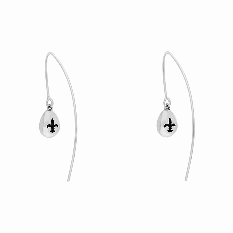 18ct White Gold Whitby Jet Fleur De Lis Disc Drop Earrings