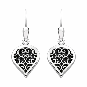 18ct White Gold Whitby Jet Flore Filigree Heart Drop Earrings