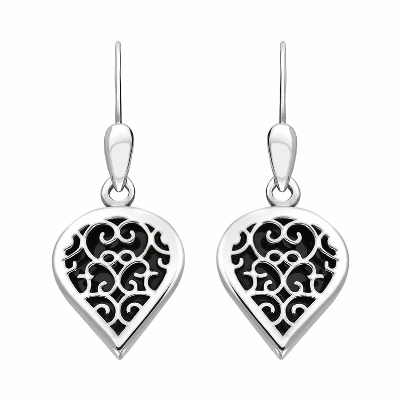 18ct White Gold Whitby Jet Flore Filigree Heart Drop Earrings