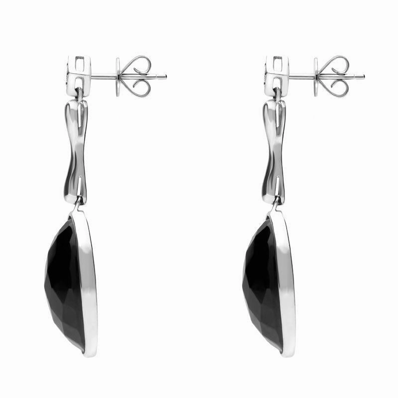18ct White Gold Whitby Jet Long Faceted Oval Drop Earrings D