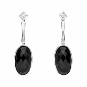 18ct White Gold Whitby Jet Long Faceted Oval Drop Earrings D