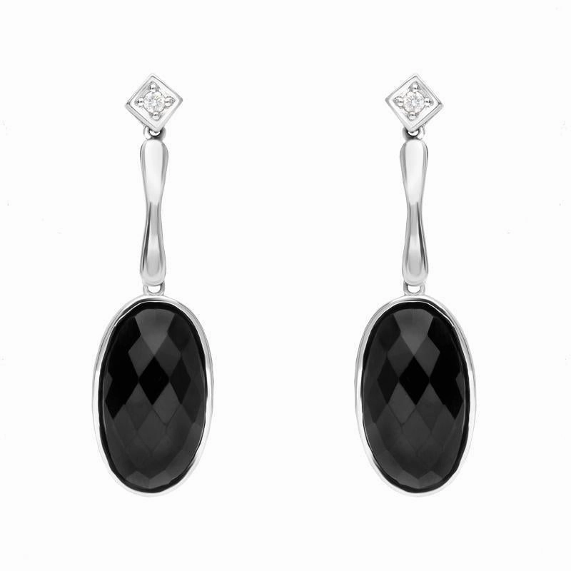 18ct White Gold Whitby Jet Long Faceted Oval Drop Earrings D