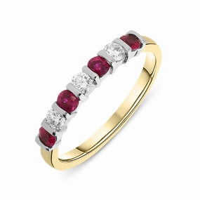 18ct Yellow & White Gold 0.40ct Ruby Diamond 7 Stone Bar Set Eternity Ring