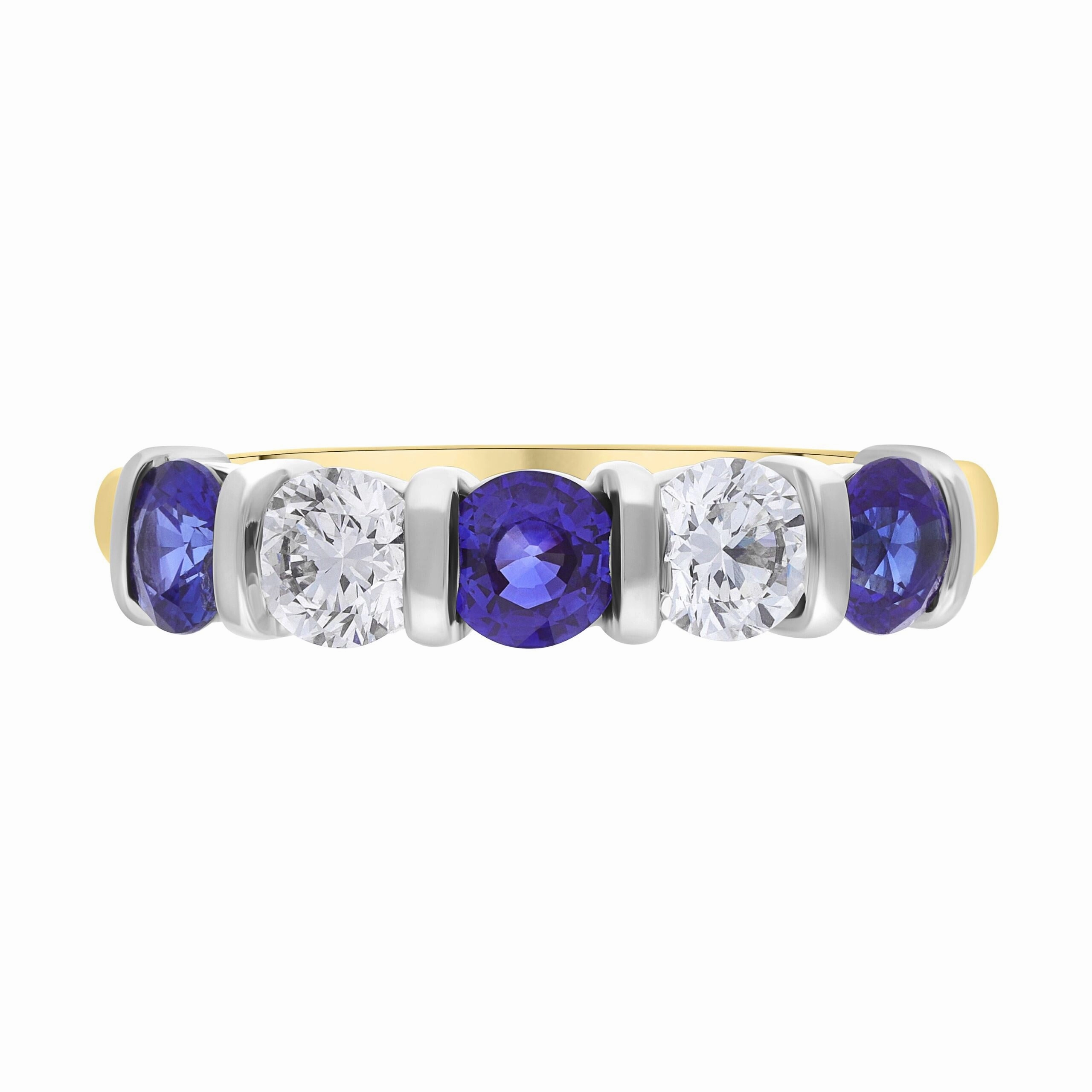 18ct Yellow and White Gold 0.94ct Sapphire 0.53ct 5 Stone Diamond Bar Set Eternity Ring