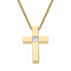 18ct Yellow Gold 0.10ct Diamond Princess Cut Cross Necklace