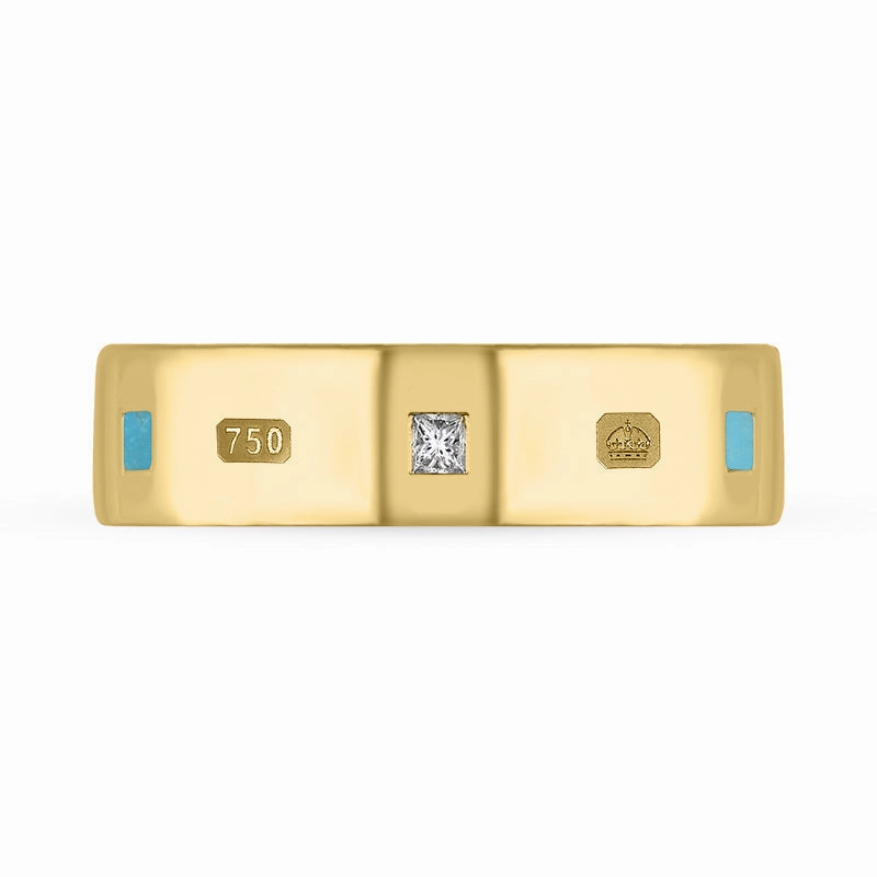 18ct Yellow Gold 0.18ct Diamond Turquoise King's Coronation Hallmark Princess Cut 6mm Ring D