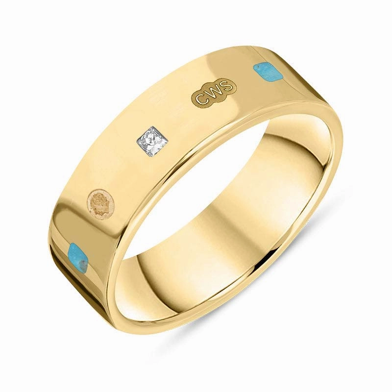 18ct Yellow Gold 0.18ct Diamond Turquoise King's Coronation Hallmark Princess Cut 6mm Ring D