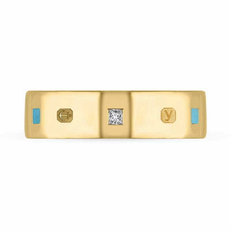 18ct Yellow Gold 0.18ct Diamond Turquoise King's Coronation Hallmark Princess Cut 6mm Ring D
