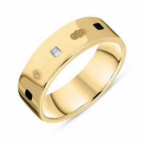 18ct Yellow Gold 0.18ct Diamond Whitby Jet King's Coronation Hallmark Princess Cut 6mm Ring D