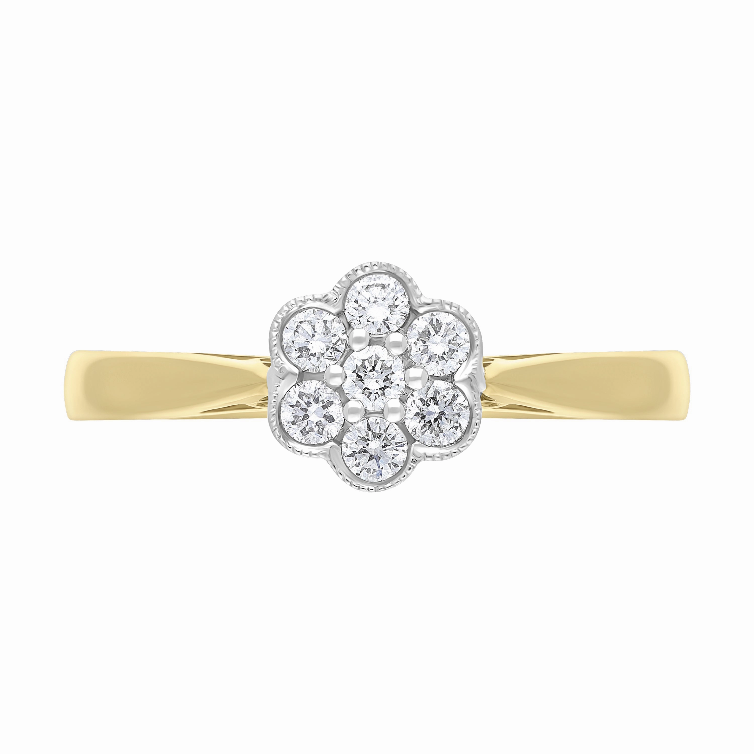 18ct Yellow Gold 0.23ct Diamond Millgrain Flower Cluster Ring