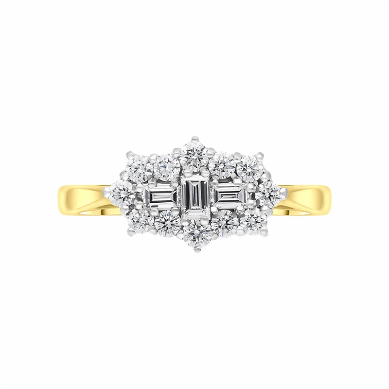 18ct Yellow Gold 0.60ct Diamond Baguette Cut Vintage Style Cluster Ring