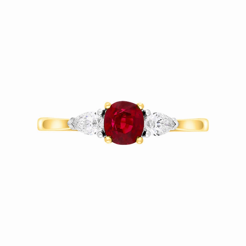 18ct Yellow Gold 0.91ct Ruby Diamond Oval Pear Cut Three Stone Ring