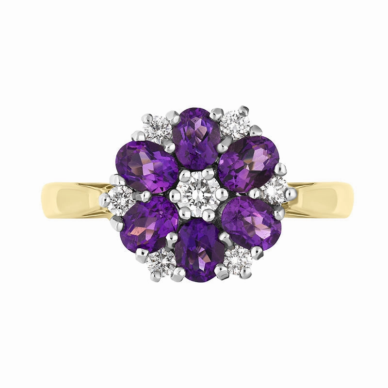 18ct Yellow Gold 0.98ct Amethyst Diamond Oval Cluster Ring