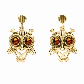 18ct Yellow Gold Amber Orange Owl Stud Earrings