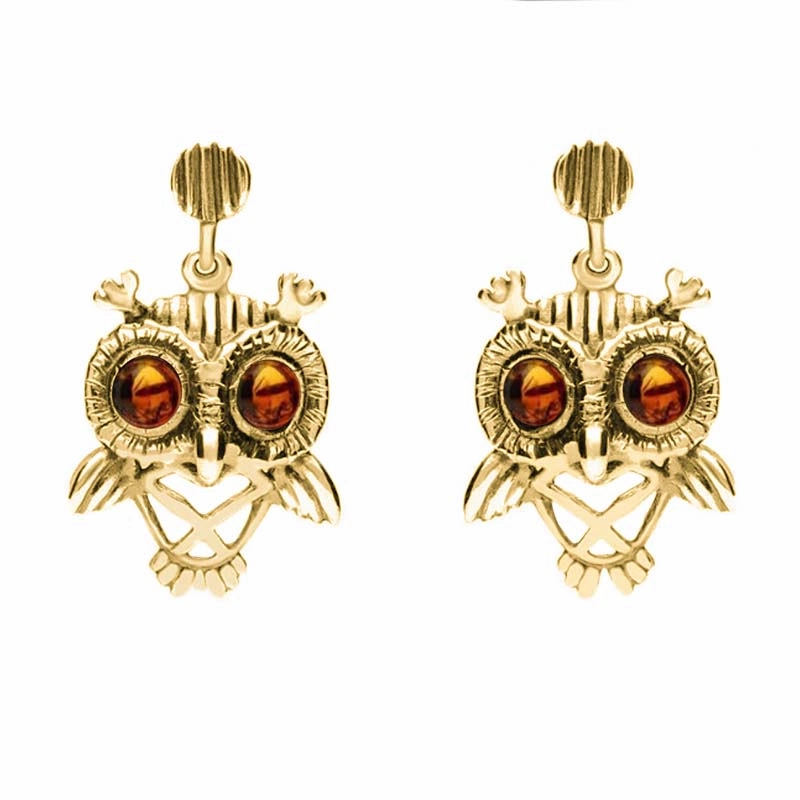 18ct Yellow Gold Amber Orange Owl Stud Earrings