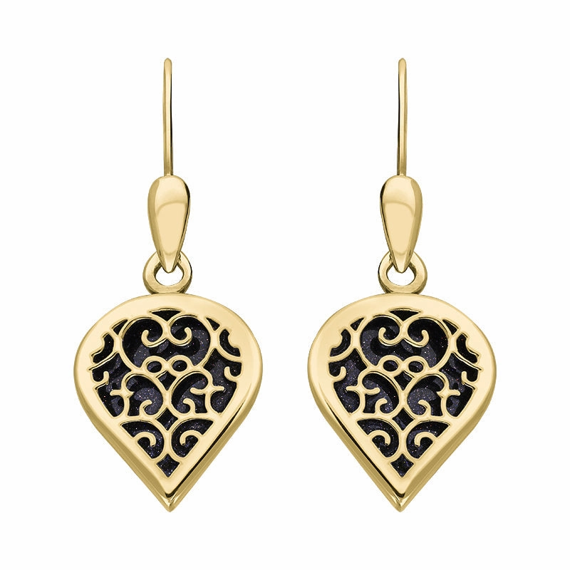 18ct Yellow Gold Blue Goldstone Flore Filigree Heart Drop Earrings