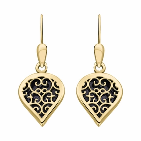 18ct Yellow Gold Blue Goldstone Flore Filigree Heart Drop Earrings