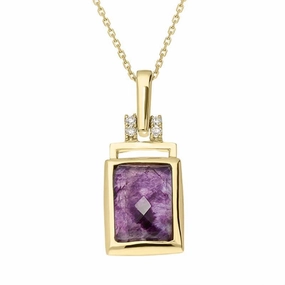 18ct Yellow Gold Blue John 0.04ct Diamond Faceted Oblong Necklace