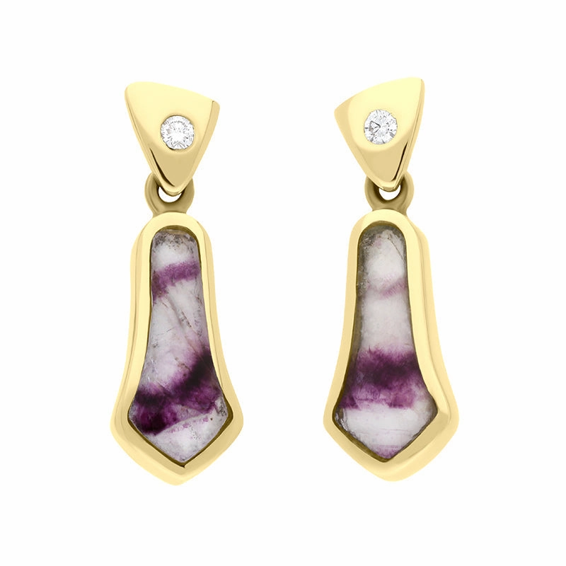18ct Yellow Gold Blue John 0.06ct Diamond Tapered Drop Earrings D