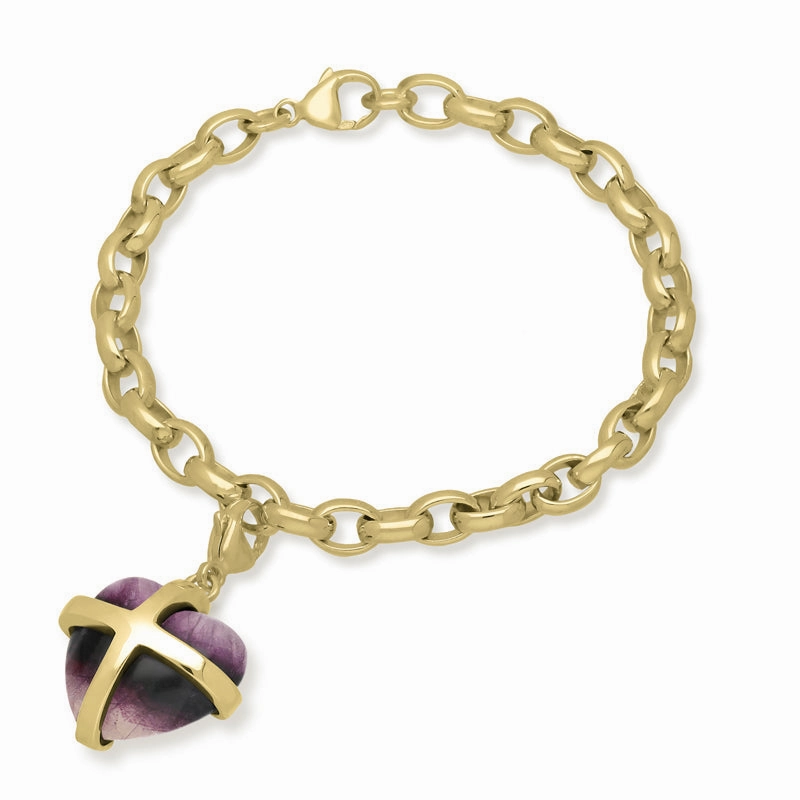 18ct Yellow Gold Blue John Large Cross Heart Charm Bracelet