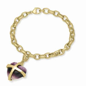 18ct Yellow Gold Blue John Large Cross Heart Charm Bracelet