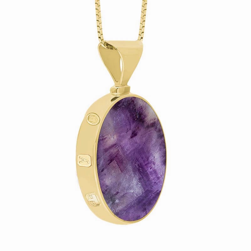 18ct Yellow Gold Blue John Mother of Pearl King's Coronation Hallmark Double Sided Oval Necklace D
