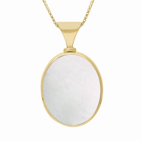 18ct Yellow Gold Blue John Mother of Pearl King's Coronation Hallmark Double Sided Oval Necklace D