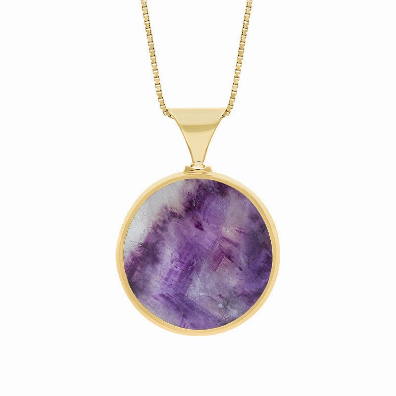 18ct Yellow Gold Blue John Mother of Pearl King's Coronation Hallmark Double Sided Round Necklace D