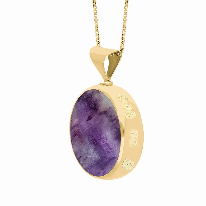 18ct Yellow Gold Blue John Mother of Pearl Queens Jubilee Hallmark Double Sided Round Necklace D