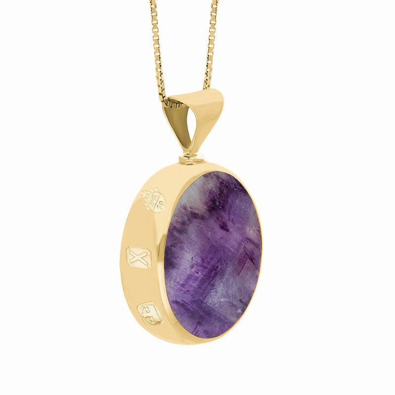 18ct Yellow Gold Blue John Mother of Pearl Queens Jubilee Hallmark Double Sided Round Necklace D