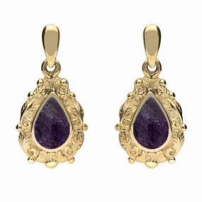 18ct Yellow Gold Blue John Pear Shaped Leaf Drop Earrings