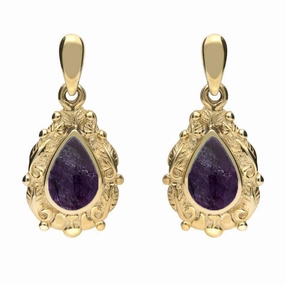 18ct Yellow Gold Blue John Pear Shaped Leaf Drop Earrings