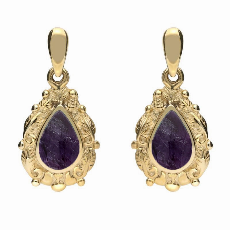 18ct Yellow Gold Blue John Pear Shaped Leaf Drop Earrings