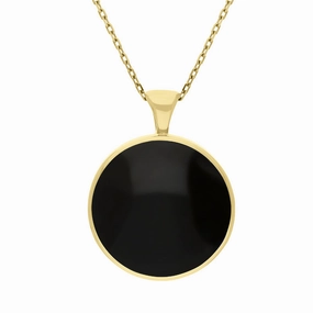 18ct Yellow Gold Blue John Whitby Jet Large Double Sided Round Fob Necklace