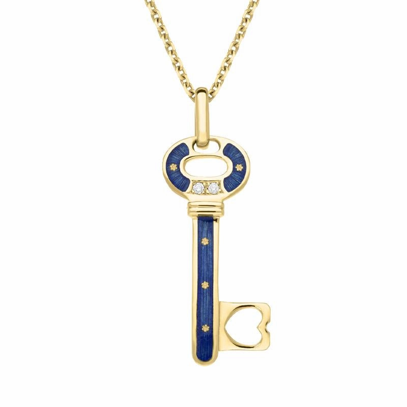 18ct Yellow Gold Diamond Blue Enamel Key Necklace D