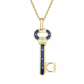 18ct Yellow Gold Diamond Blue Enamel Key Necklace D