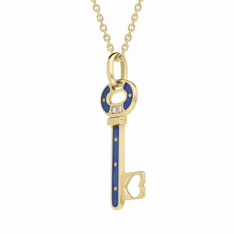 18ct Yellow Gold Diamond Blue Enamel Key Necklace D